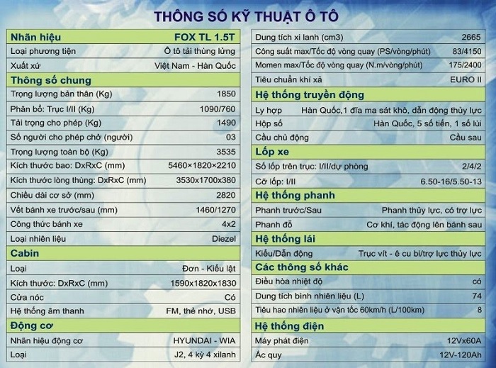 Thông số kỹ thuật xe Veam VT150 2011